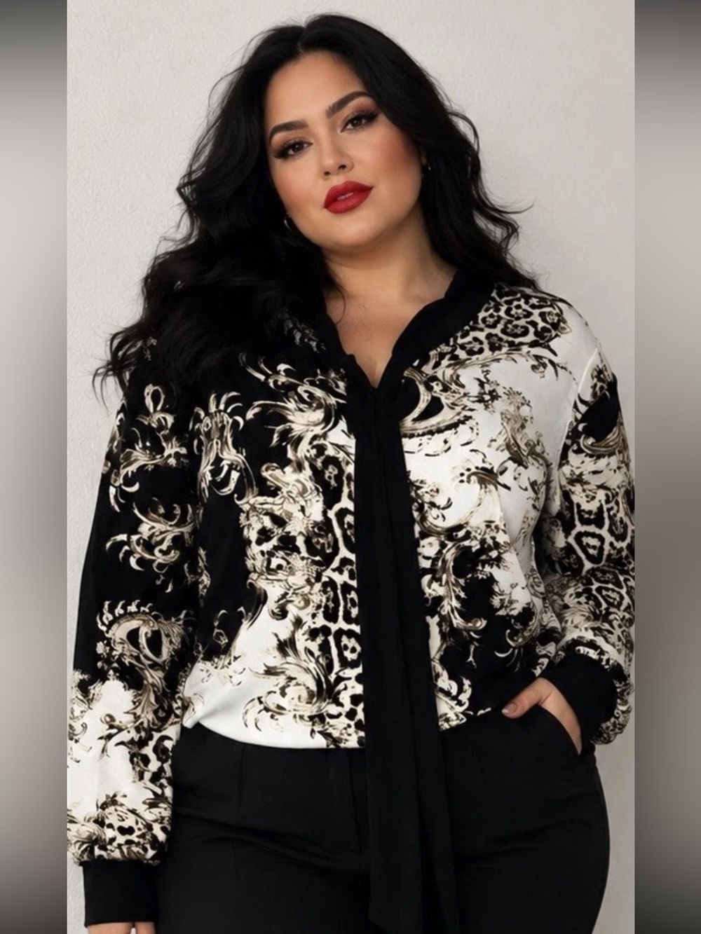 SHEIN Black, White & Gold Baroque Tie-Neck Blouse